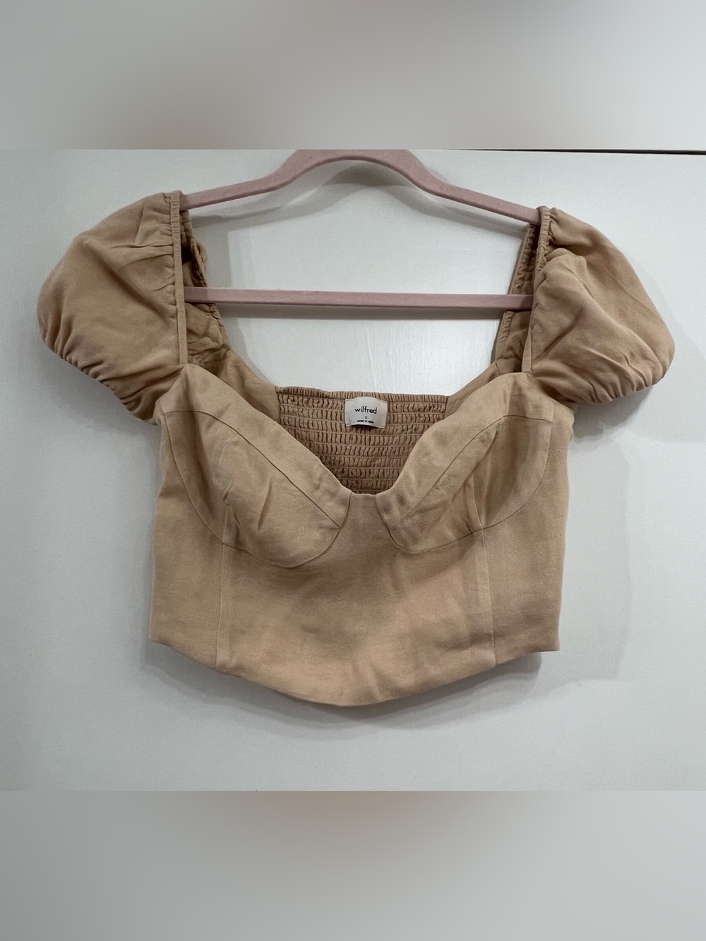 Aritzia Wilfred Novella Cap Sleeve Blouse Shirt Small S Tan Smocked Crop Y2K